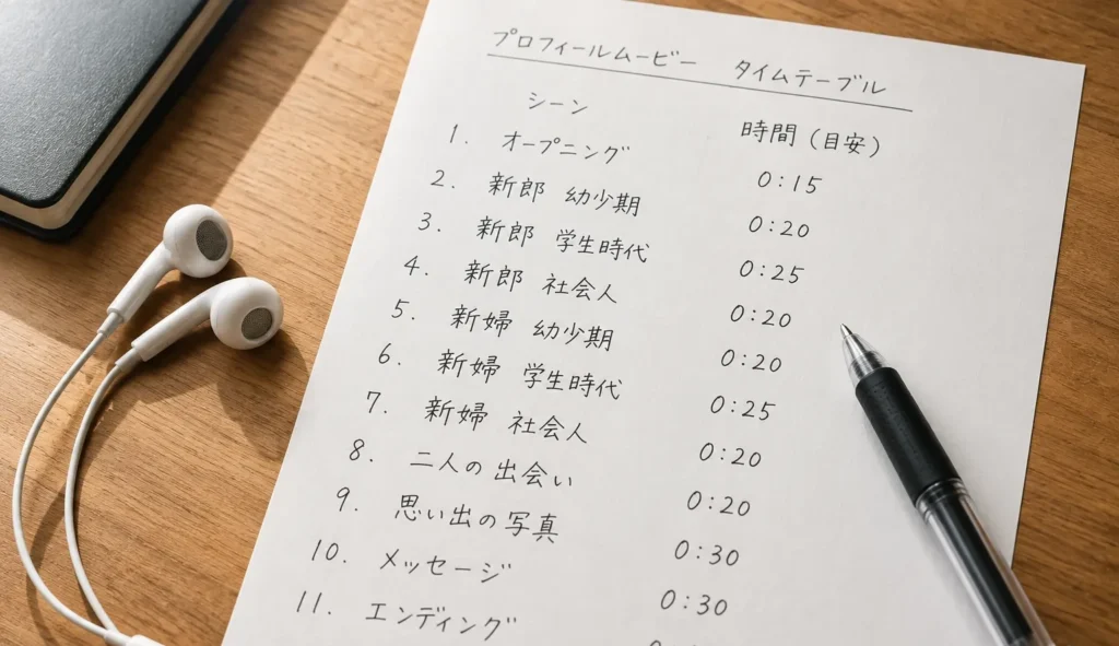 木のテーブルに置かれた手書きのプロフィールムービーの進行表。場面ごとの秒数が書かれ、イヤホンとボールペンが並んでいる