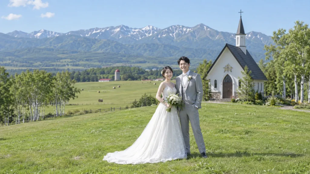 北海道の高原にあるチャペルの前の芝生に立つ新婦と新郎。背景に白樺の林と残雪の残る山並み