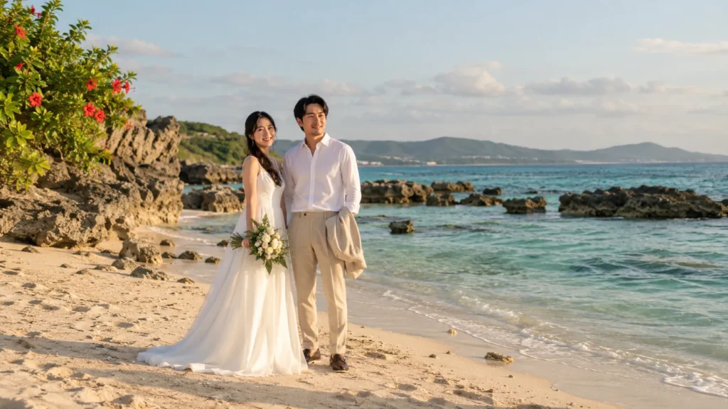 沖縄の白い砂浜に立つ新婦と新郎。背景にエメラルドグリーンの遠浅の海と琉球石灰岩の岩場