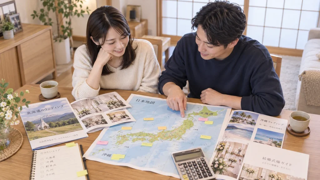 ダイニングテーブルに日本地図と式場のパンフレットを広げて相談している女性と男性