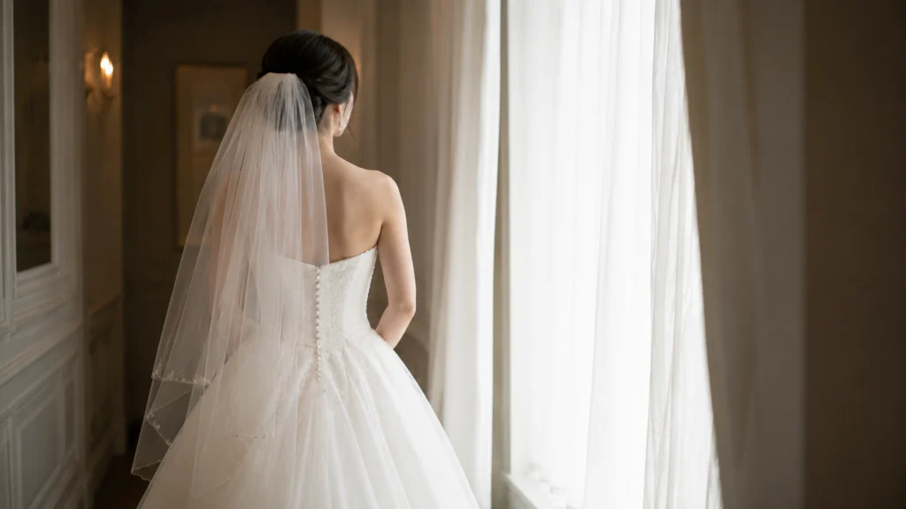 白いウェディングドレスとベールをつけた花嫁の後ろ姿。窓辺に静かに立っている