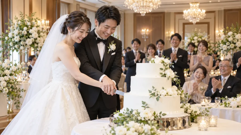 披露宴会場で、ゲストに見守られながら一緒にウエディングケーキに入刀する新婦と新郎