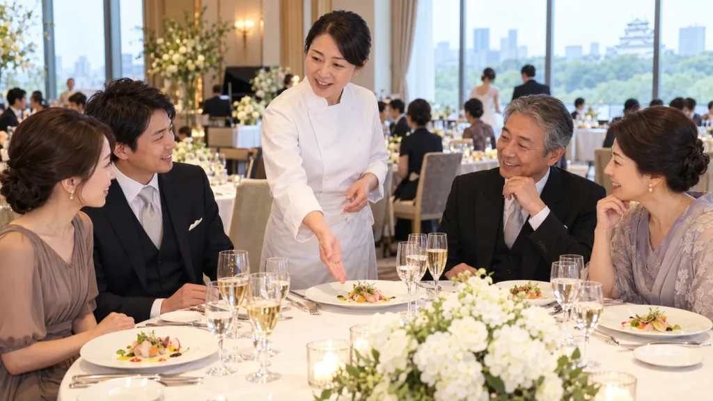 披露宴会場のテーブルで、ゲスト4人に料理を説明している女性のシェフ