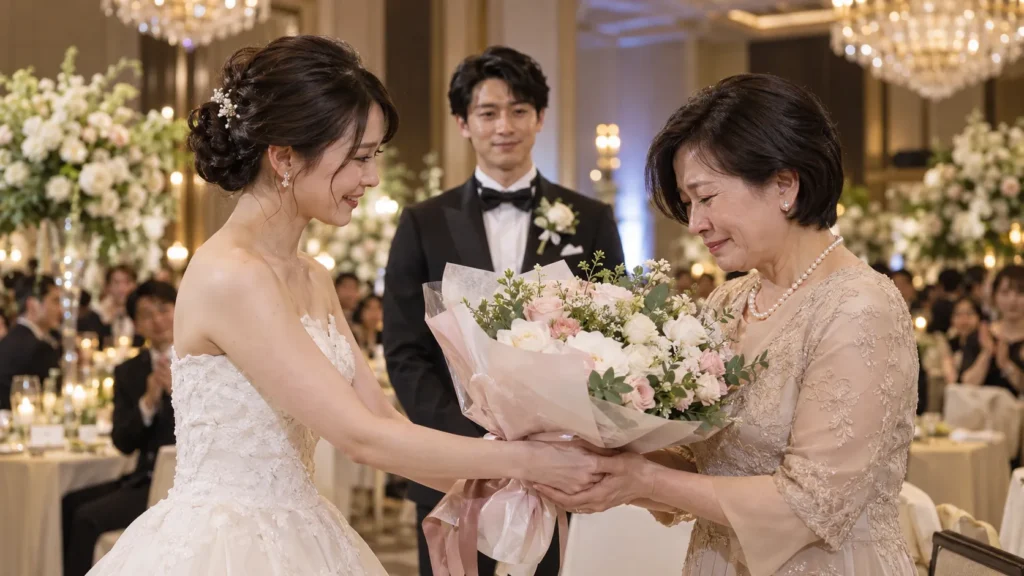 披露宴会場で、母親に花束を手渡している新婦と、後ろで見守る新郎