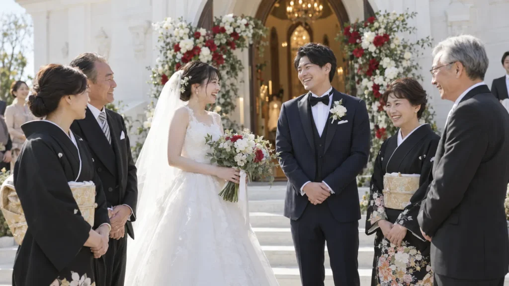 チャペルの前で両家の親族と談笑している新婦と新郎