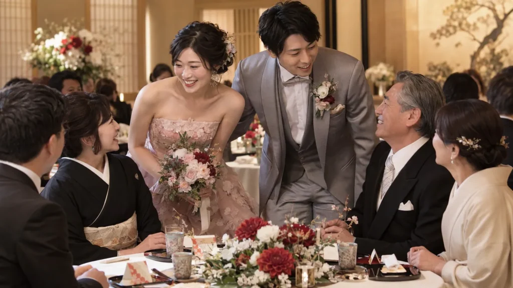 披露宴でゲストのテーブルの横に立ち、座っているゲストと目線を合わせて話している新婦と新郎
