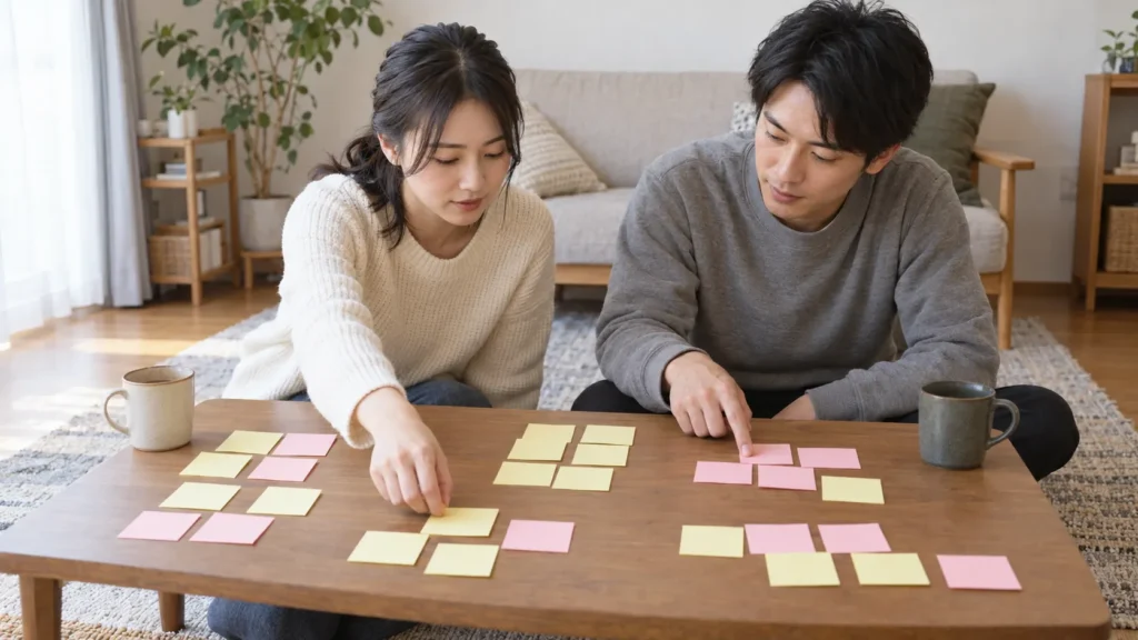 リビングのローテーブルに無地の付箋を並べて、招待客を相談している女性と男性