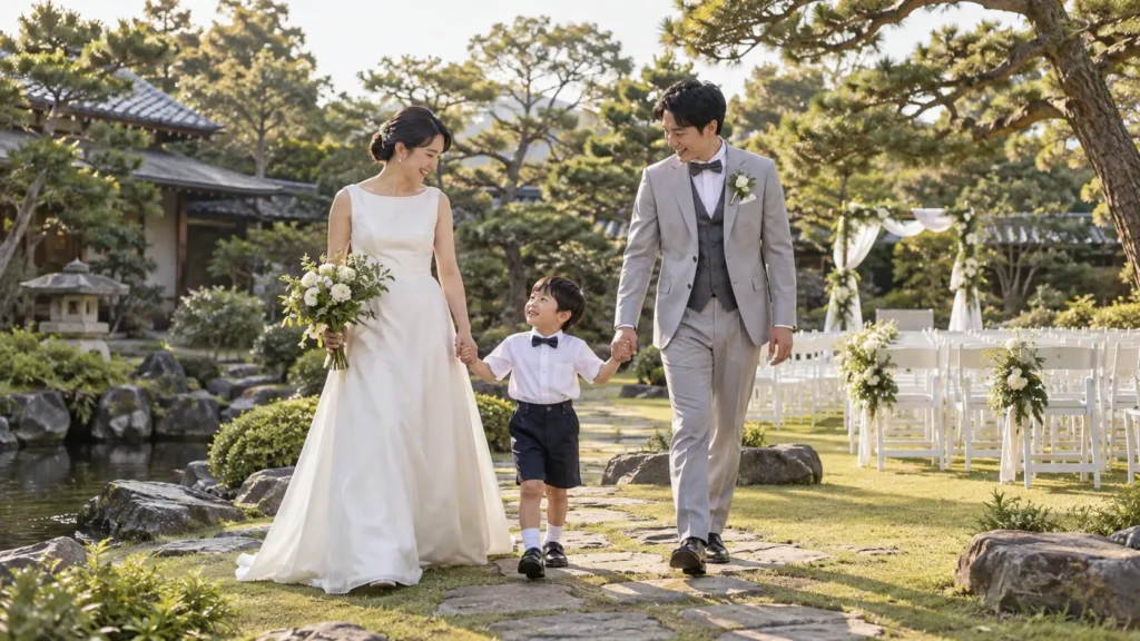 和風庭園の飛び石を、子どもと手をつないで並んで歩く新婦と新郎