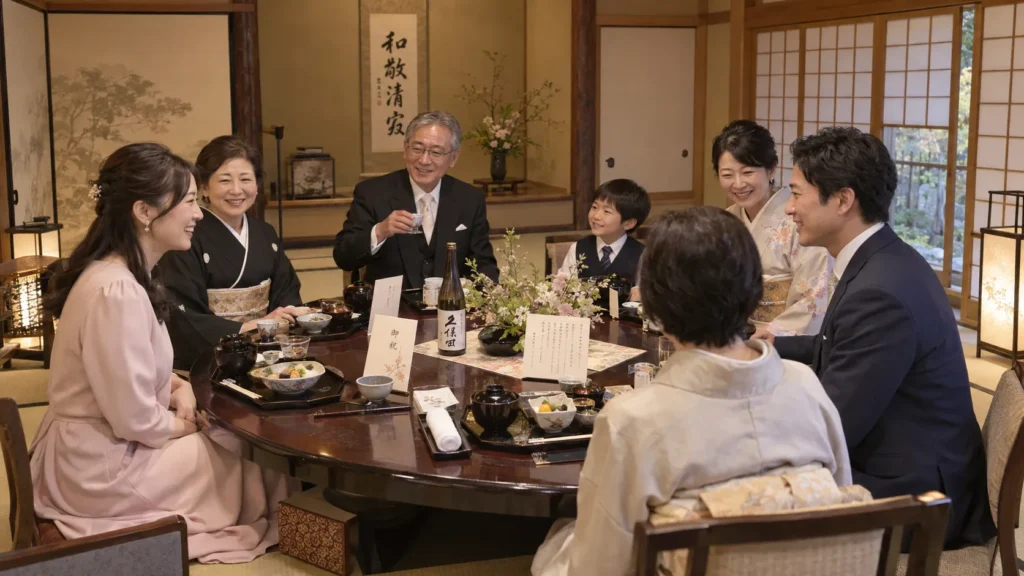 料亭の個室で、黒留袖の親族や子どもと丸いテーブルを囲んでいる新婦と新郎