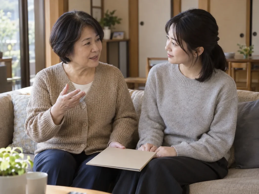 リビングのソファで、式場のパンフレットを膝に置いて話している母親と娘