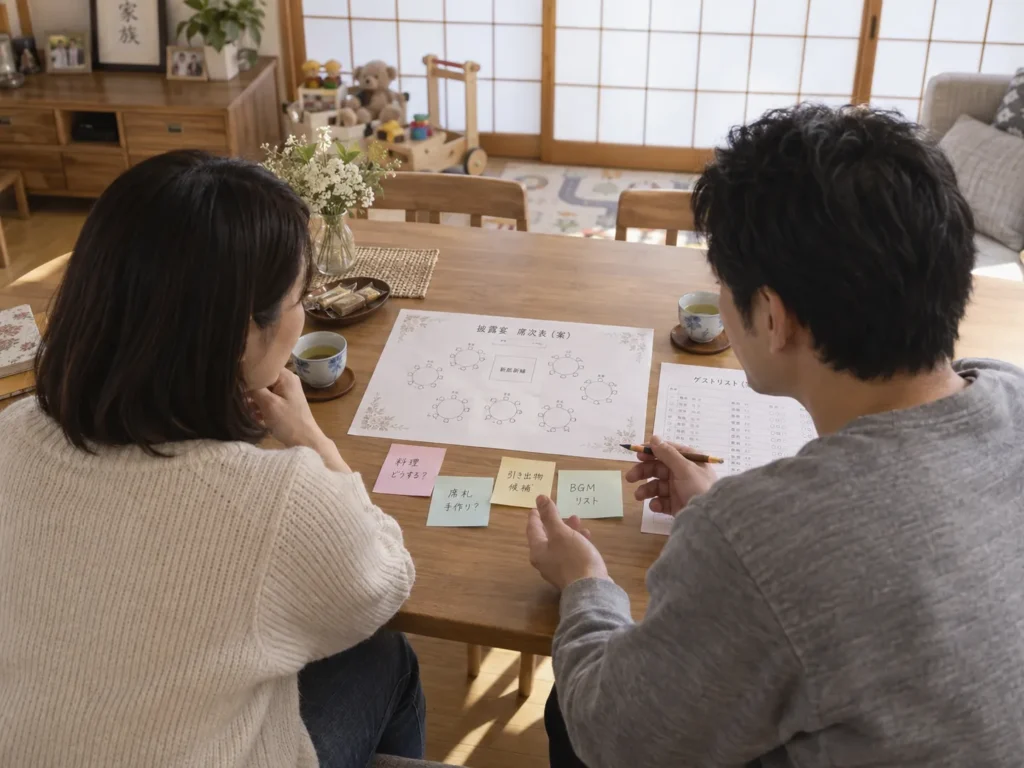 ダイニングテーブルに披露宴の席次表とゲストリストを広げ、付箋を見ながら相談している女性と男性