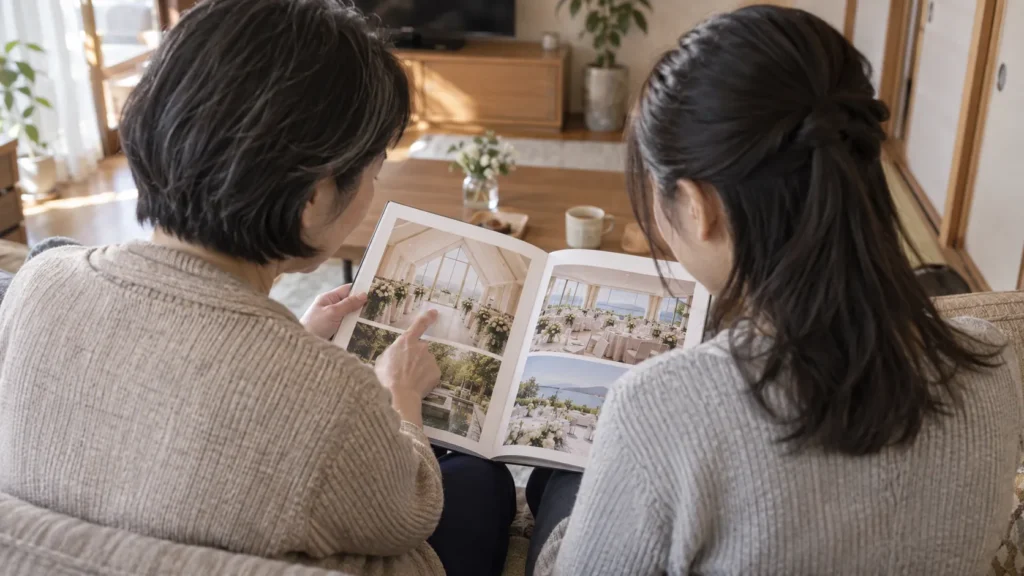 式場の写真が並んだカタログを一緒に見ている母親と娘を、斜め後ろから見た様子