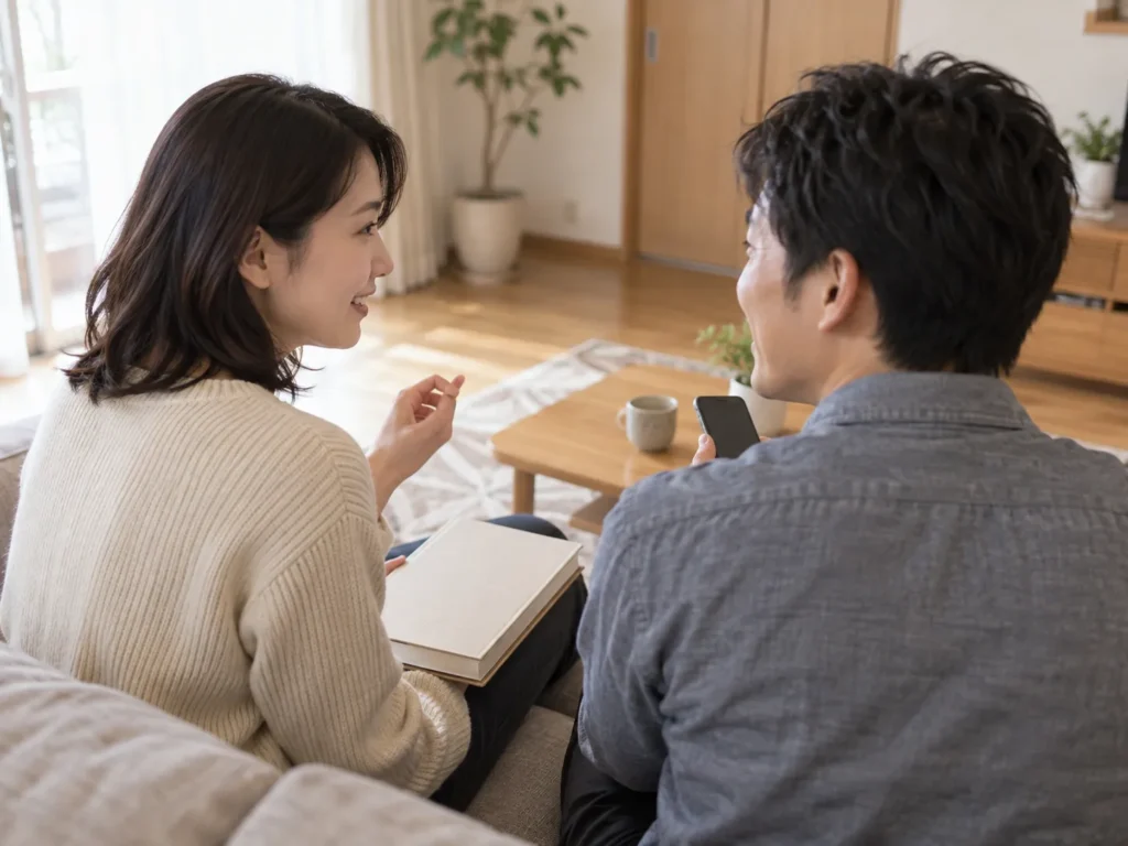 自宅のソファで、結婚情報誌とスマートフォンを手に話している女性と男性