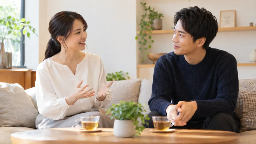 ソファに並んで座り、向かい合って話している女性と男性