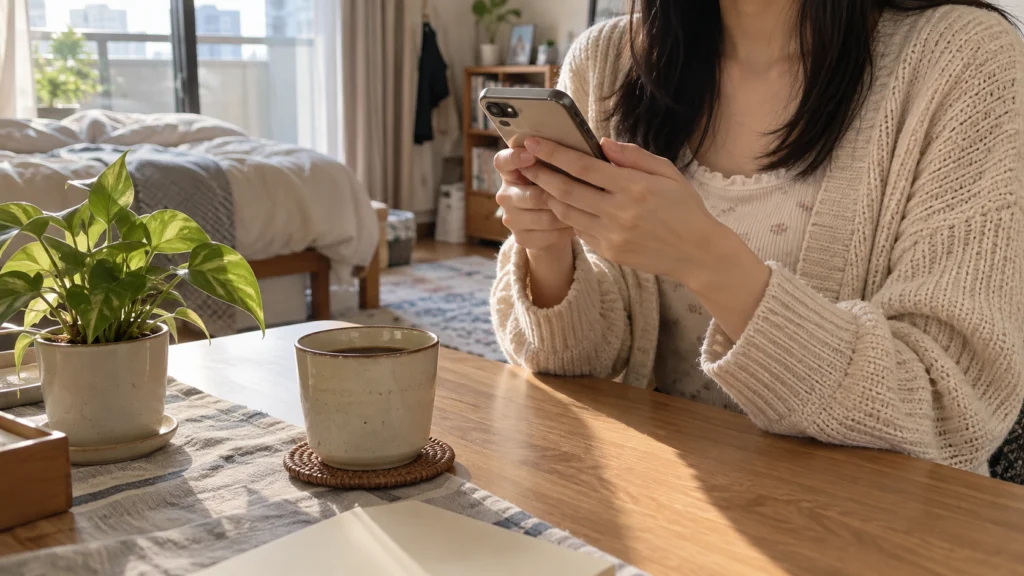 スマートフォンを持つ女性の手元。机にコーヒーカップと小さな観葉植物