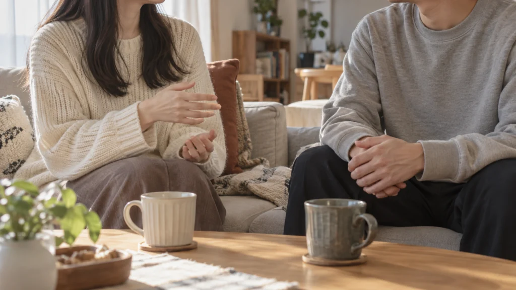 日本の住宅のリビングでソファに並んで座り話している女性と男性。低いテーブルにマグカップが2つ