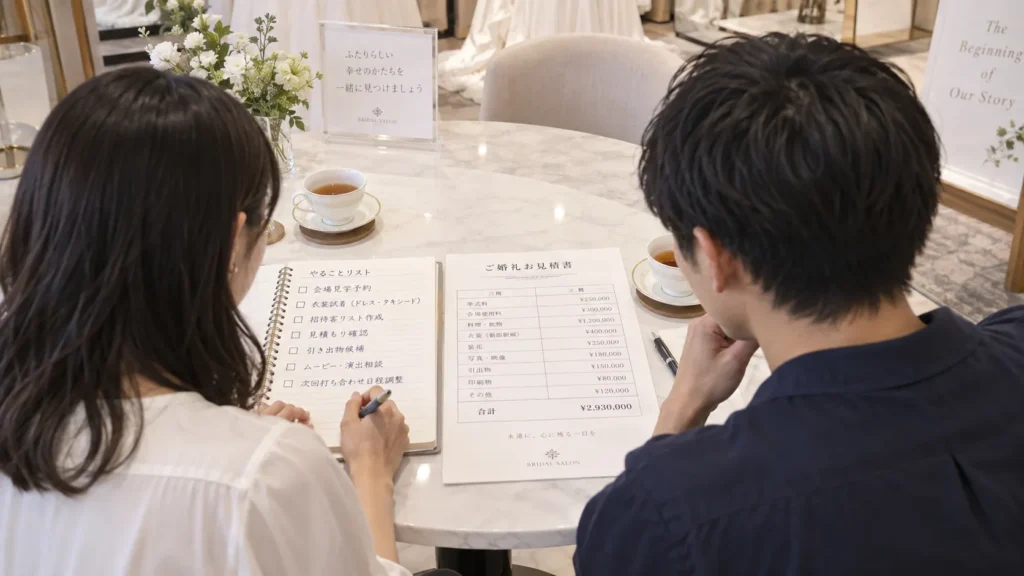 打ち合わせ席で、見積書とやることリストを前にメモを取っている女性と男性を斜め後ろから見た様子