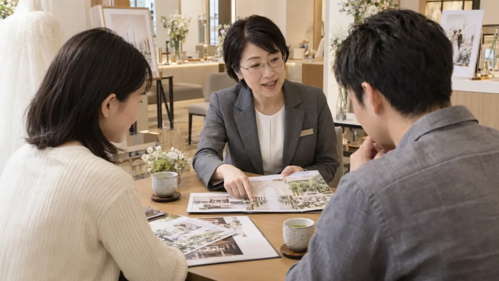 ブライダルサロンの打ち合わせ席で、資料を指しながら説明している女性プランナーと、向かい合う女性と男性