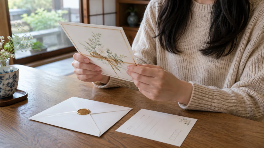 届いた結婚式の招待状を手に取っている女性の手元。封筒と返信はがきが並んでいる