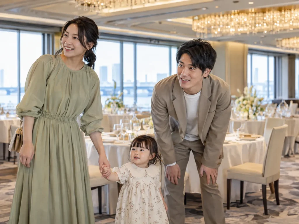 披露宴会場を見学している、小さな子どもを連れた女性と男性