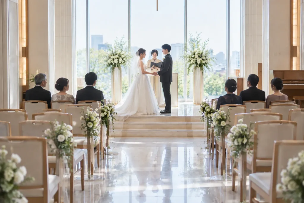 参列者の少ないチャペルで、向かい合って手を取る新婦と新郎