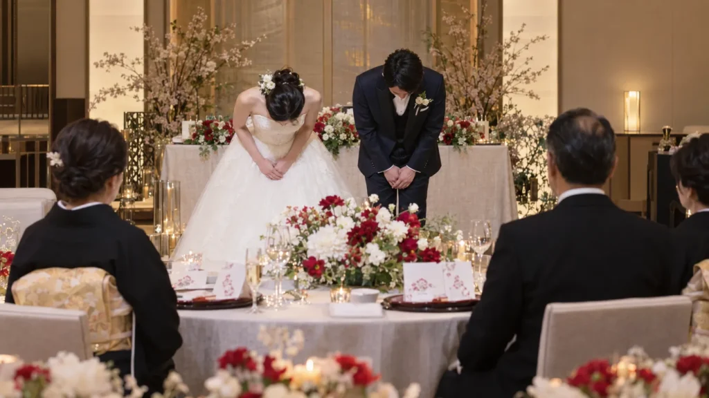 披露宴会場の高砂の前で、テーブルの両親に向かって深く頭を下げている新婦と新郎