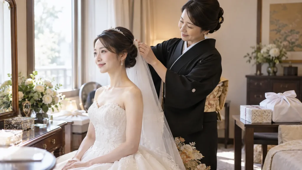 式場の支度部屋で、黒留袖の母親が新婦のベールの位置を直している様子