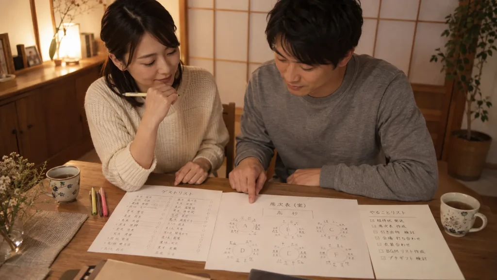 ダイニングテーブルに招待客リストと席次表の下書きを広げて相談している女性と男性
