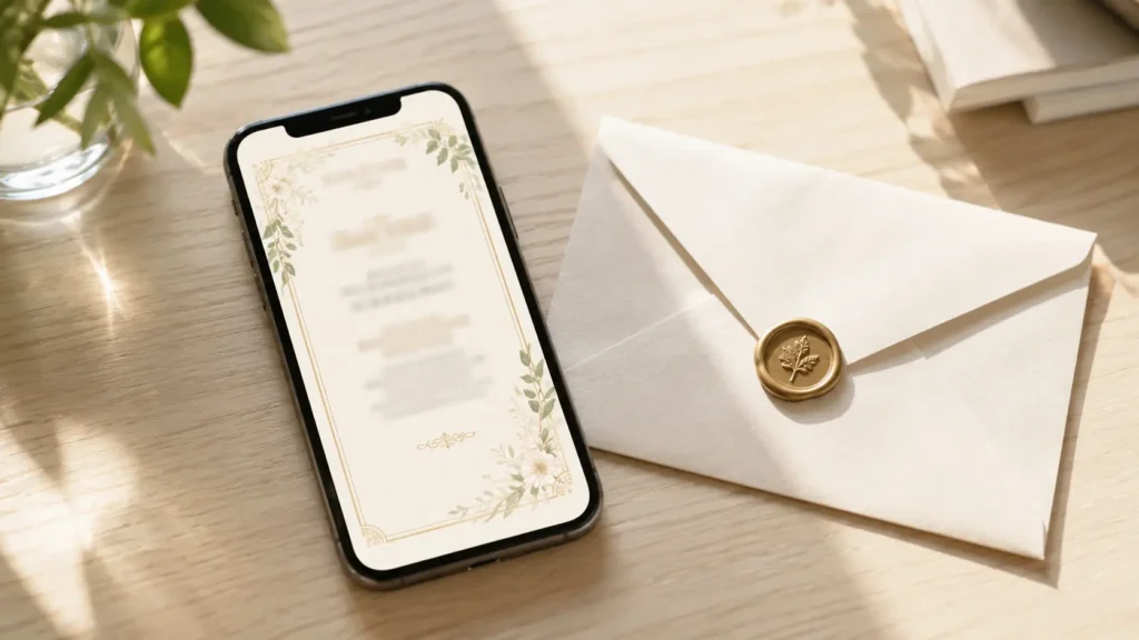 木のテーブルに置かれたスマートフォンに招待状のページが表示され、横に封蝋を押した紙の封筒が並んでいる