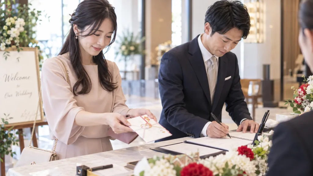 結婚式の受付でふくさから出したご祝儀袋を差し出している女性と、芳名帳に記帳している男性