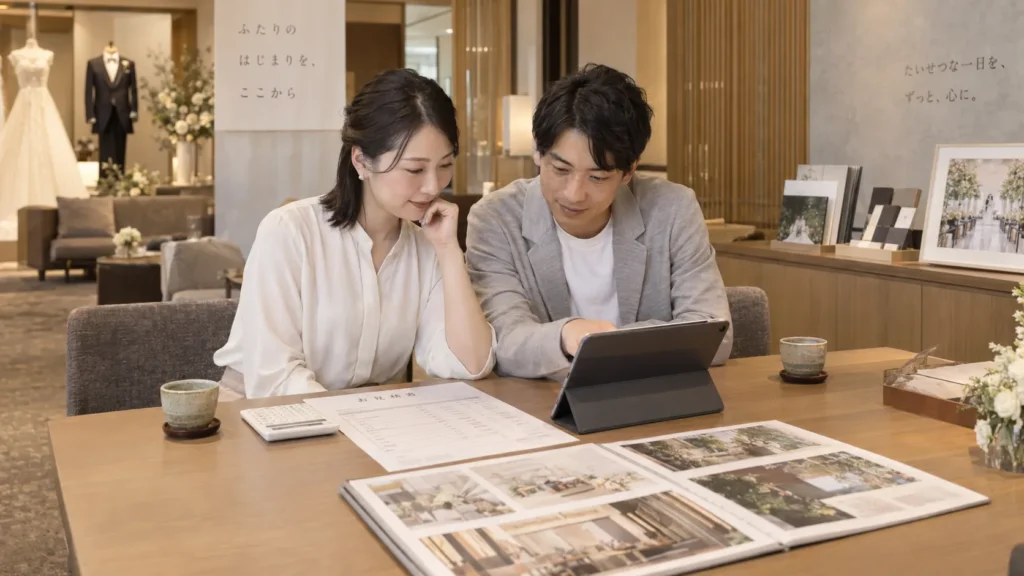 打ち合わせスペースで見積書とタブレットを並べて見ている女性と男性