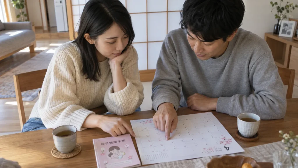ダイニングテーブルにカレンダーと母子健康手帳を広げて、式までの月数を数えている女性と男性