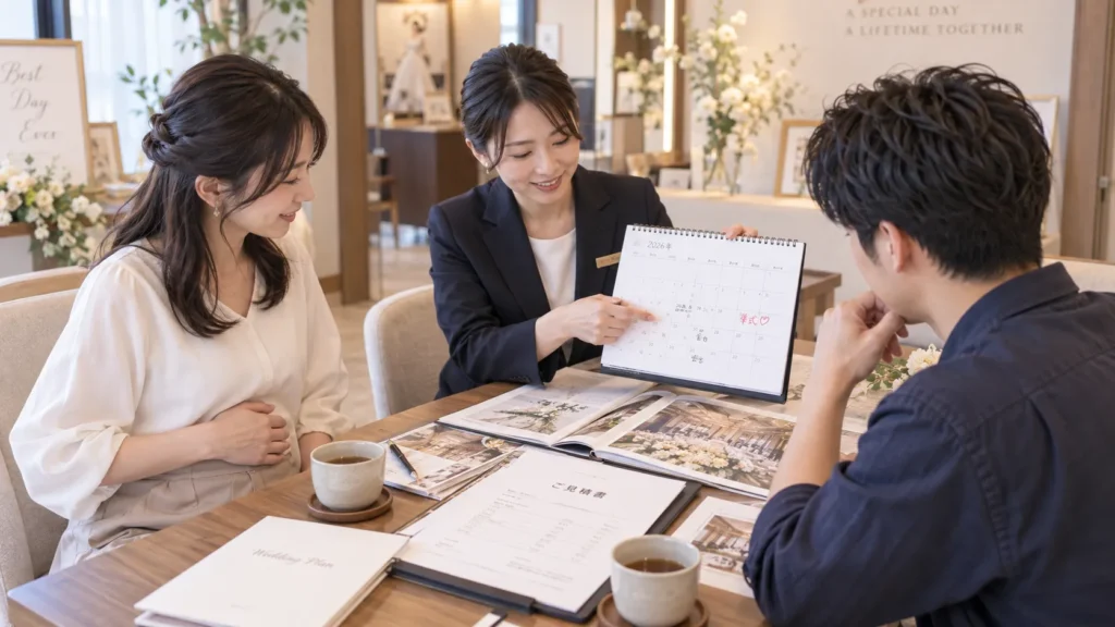 式場の打ち合わせスペースで、カレンダーを開いたプランナーに日程を相談している新郎新婦
