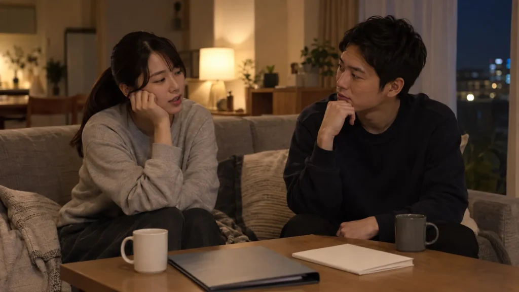 夜のリビングで、閉じた資料を前に疲れた表情で話している女性と男性