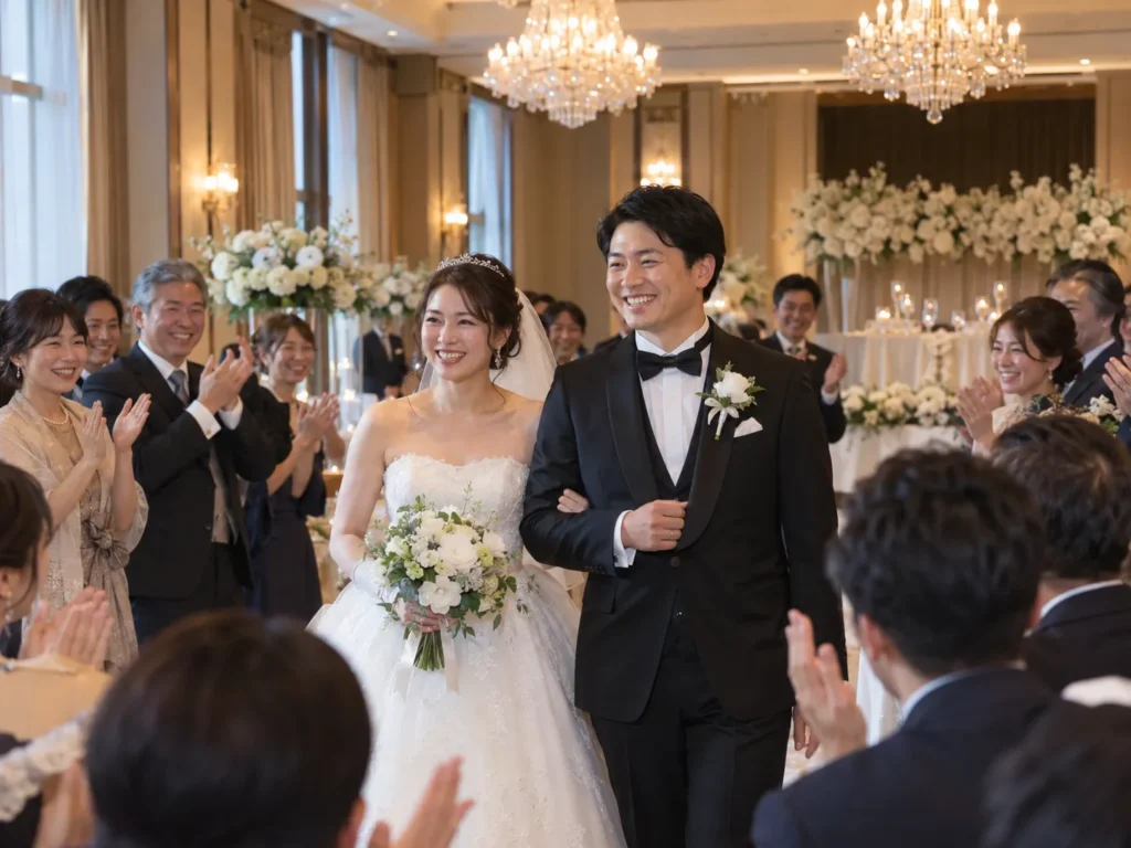 披露宴会場で、拍手をするゲストに囲まれて笑っている新婦と新郎