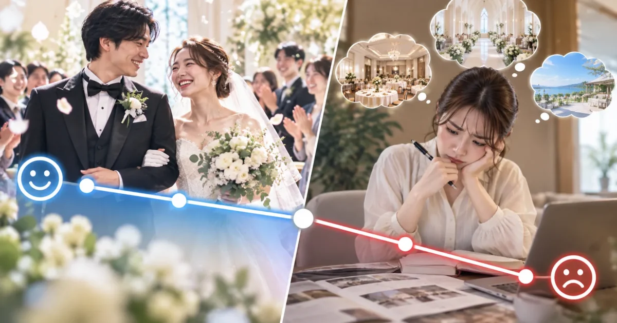 結婚式の満足度は当日85.4%・準備62.8%｜落ちるのは会場を決めたあと
