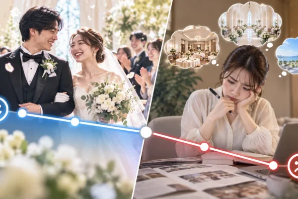 結婚式の満足度は当日85.4%・準備62.8%｜落ちるのは会場を決めたあと