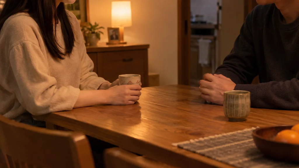 日本の住宅のダイニングで向かい合って静かに話している女性と男性。テーブルに湯のみが2つ