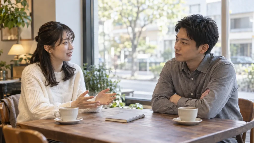 カフェの窓際で、閉じたノートを前に向かい合って話している女性と男性