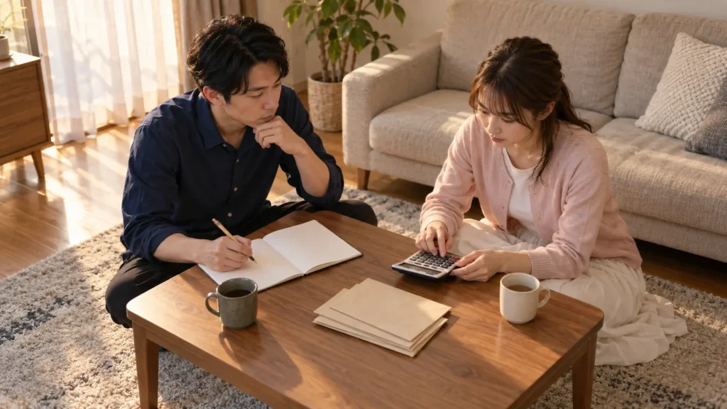 日本の住宅のリビングで、二人がローテーブルで電卓と無地のノートを前に予算を話し合っているところ