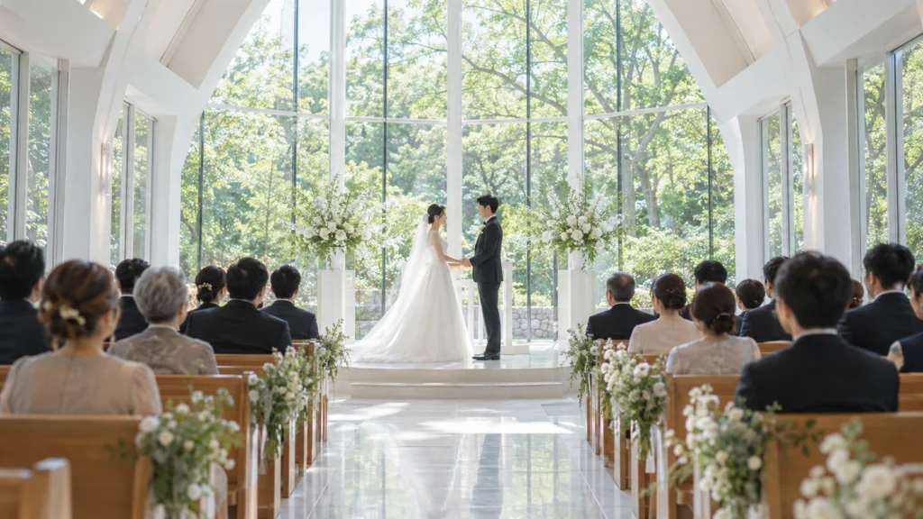 ガラス張りのチャペルで、参列者に見守られながら向かい合う新婦と新郎