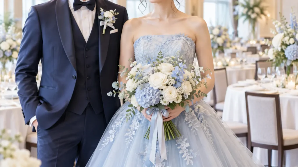 披露宴会場で、淡いブルーのカラードレスの新婦が白とブルーのブーケを持ち、濃紺のタキシードの新郎と並んでいるところ