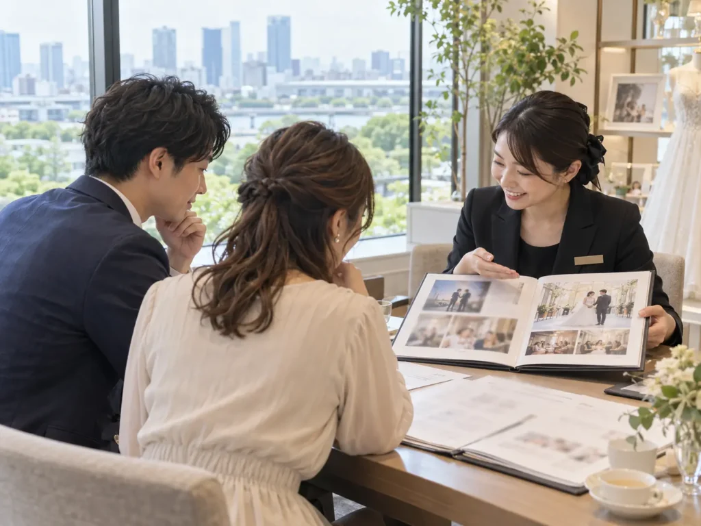 日本の結婚式場の明るい打ち合わせスペースで、カップルがプランナーと写真やビデオの見本を見ながら相談しているところ