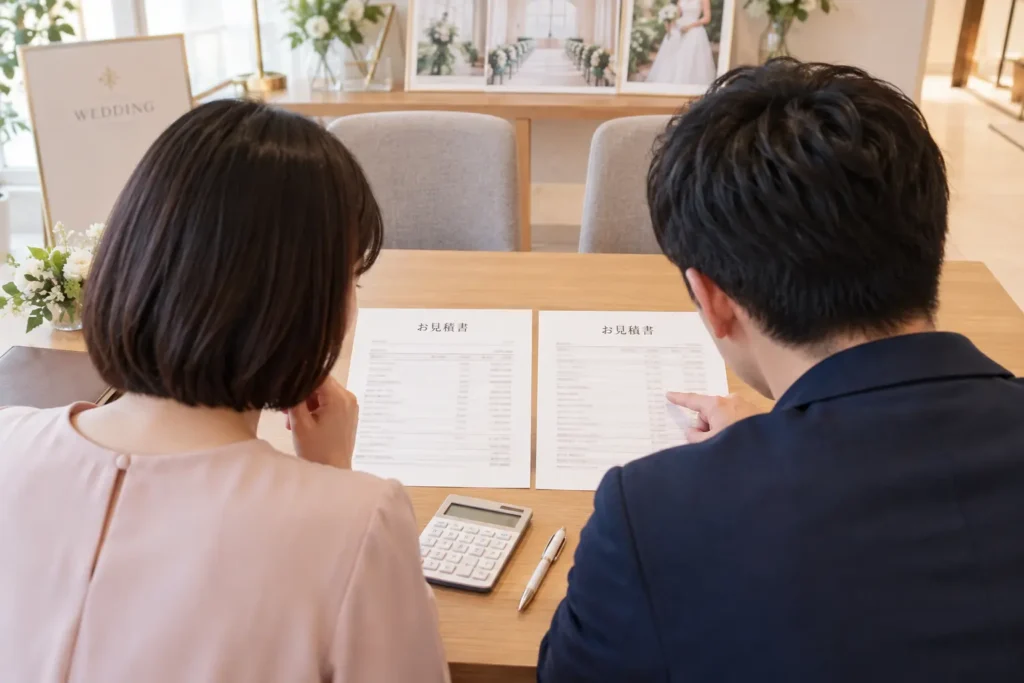 式場の相談テーブルで、ボブヘアの女性と紺のジャケットの男性が並んで2枚の見積書を見比べている後ろ姿。手前に電卓とペン