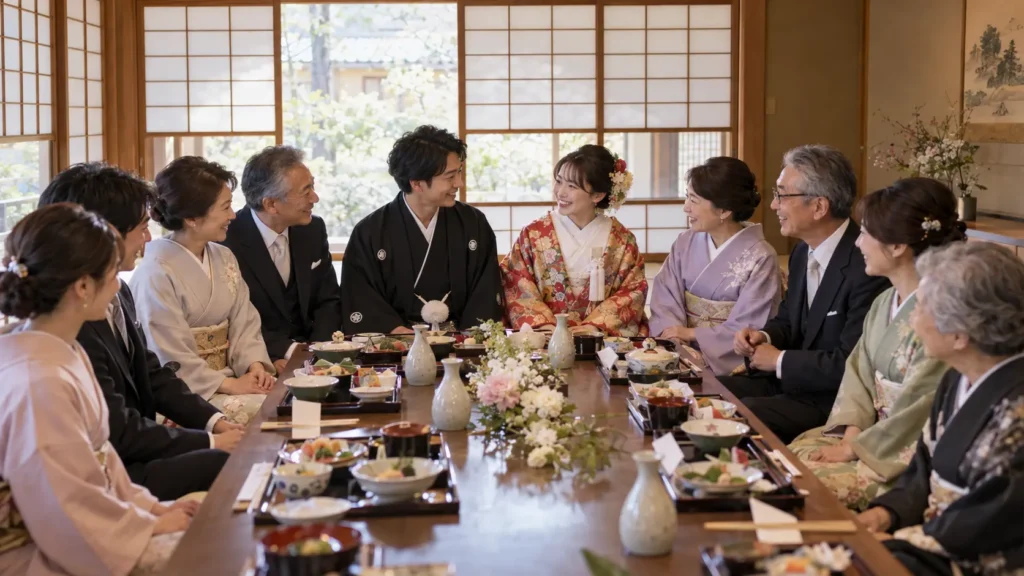 料亭の和室で、紋付羽織袴の新郎と色打掛の新婦を囲んで、両家の親族が座卓で会席料理を囲んでいるところ