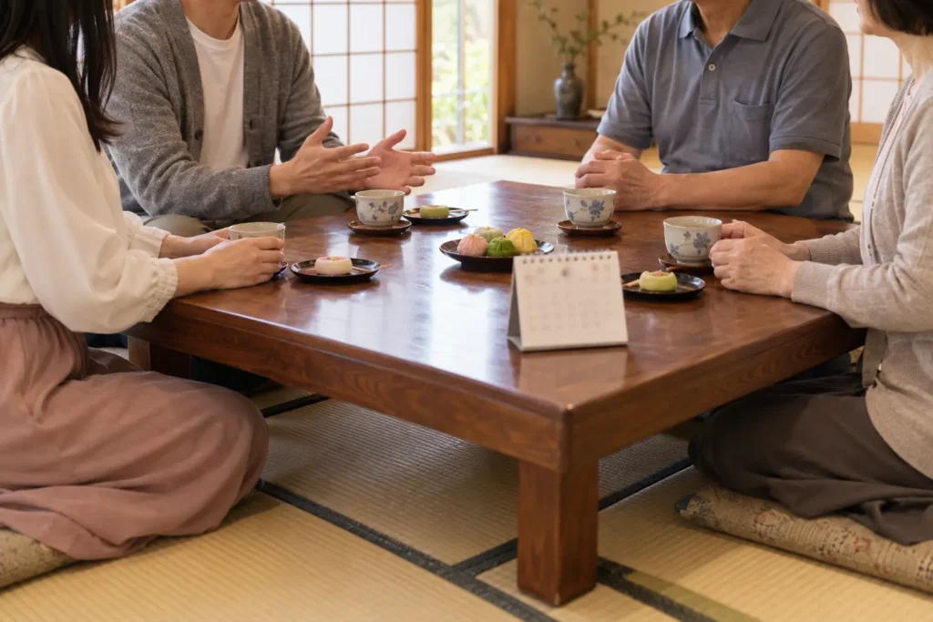 和室の座卓を囲んで、若い女性と男性が両親世代の男女とお茶と和菓子を前に話している。座卓に卓上カレンダー