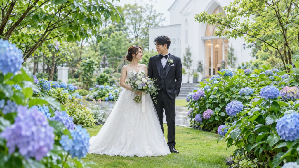 紫陽花の咲く庭で、顔を見合わせて笑っている新婦と新郎