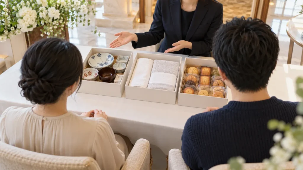 結婚式場の打ち合わせ席で、プランナーが和食器・タオル・焼き菓子の3つの見本箱を示し、カップルが後ろ姿で見ているところ