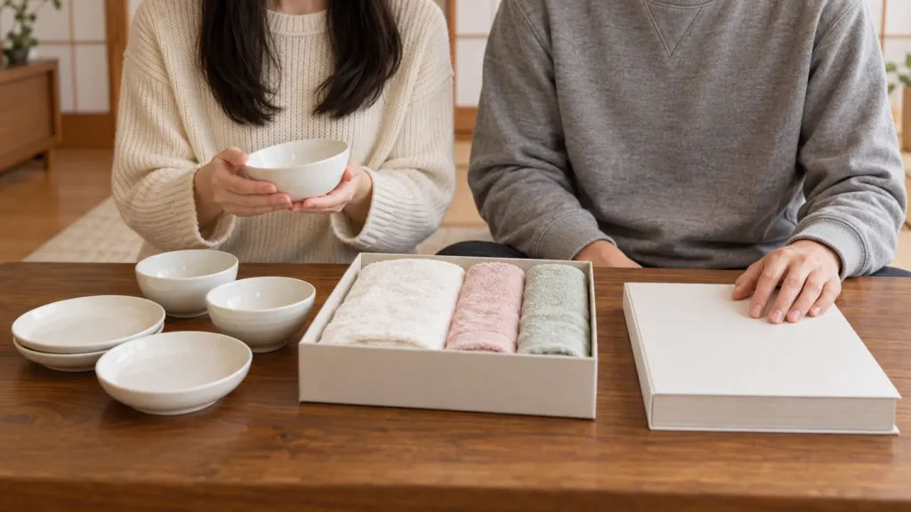 和室のリビングで、ニットの女性とスウェットの男性が、和食器・タオル・カタログギフトの見本を並べて見比べている手元
