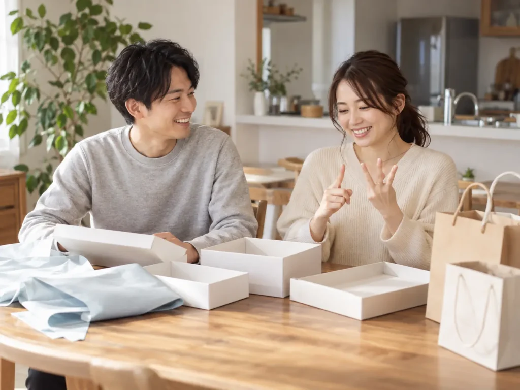 日本の住宅のダイニングで、二人が無地の贈答用の箱を前に数をかぞえながら話しているところ